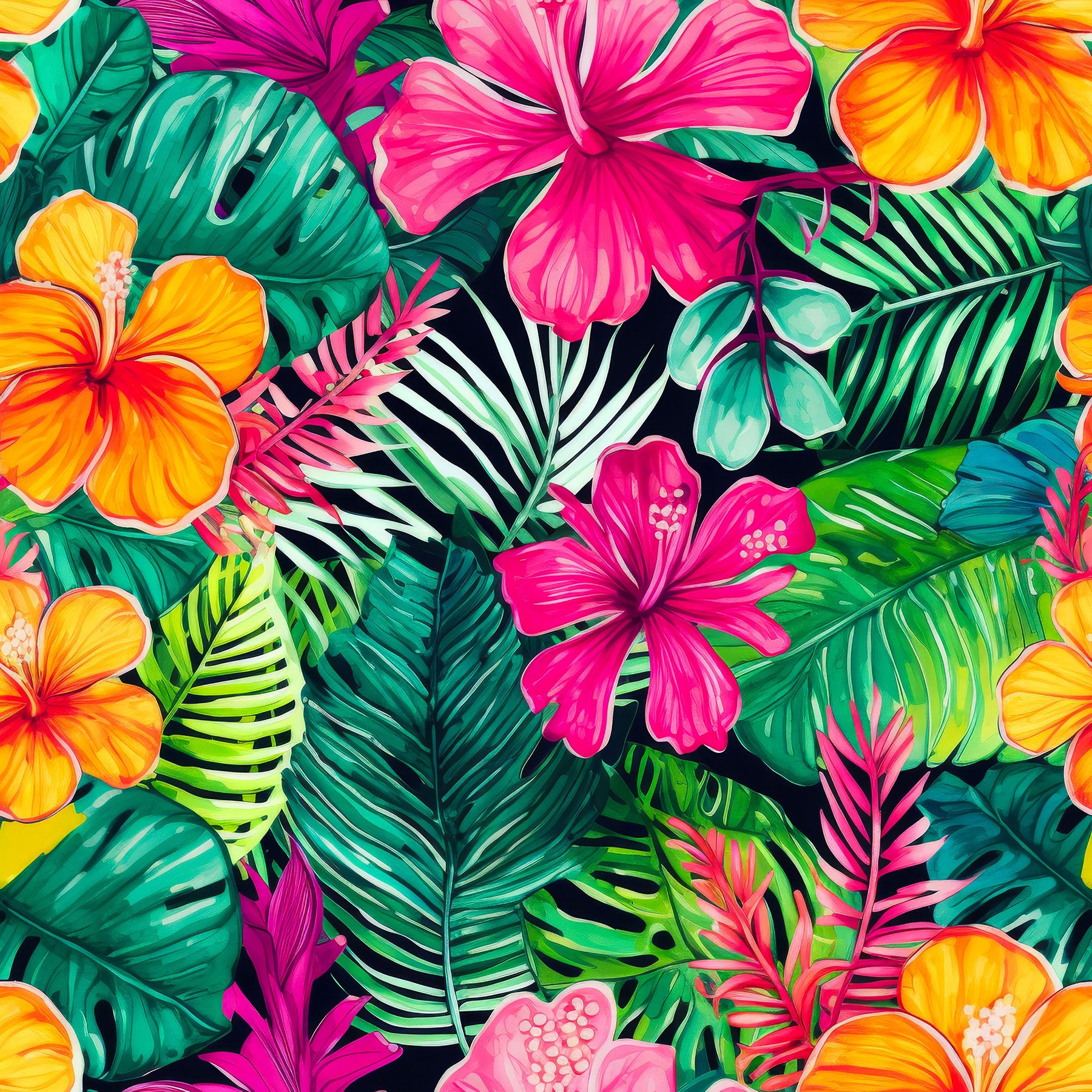 Island Flowers on Black Bamboo Stretch French Terry Fabric - Nature's Fabrics