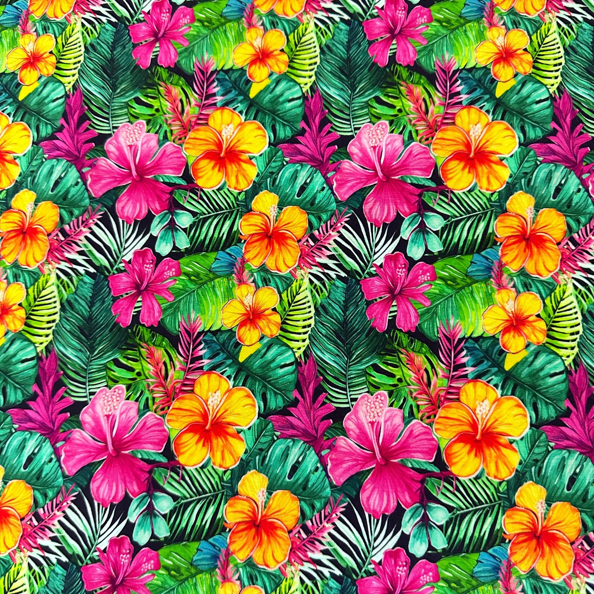 Island Flowers on Black Bamboo/Spandex Jersey Fabric - Nature's Fabrics