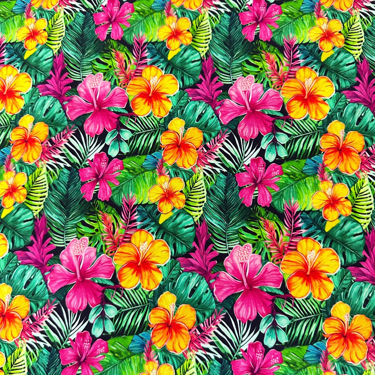 Island Flowers on Black Bamboo/Spandex Jersey Fabric - Nature's Fabrics