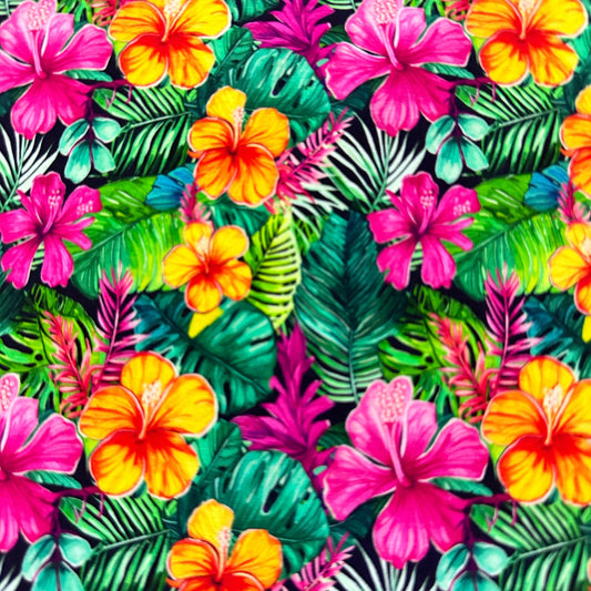 Island Flowers on Black Organic Cotton/Spandex Jersey Fabric 34" cut - Nature's Fabrics