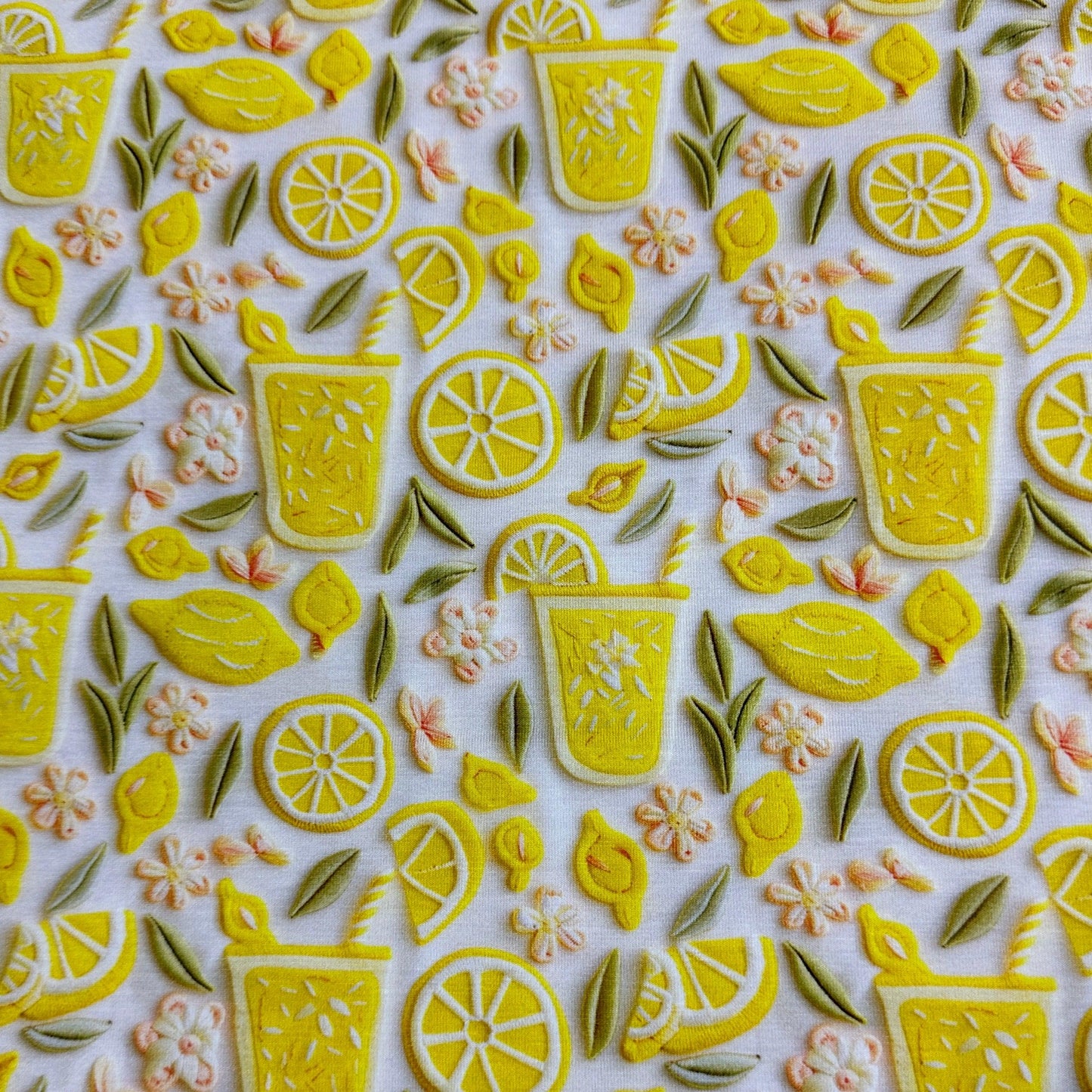 Lemonade Embroidery on Bamboo/Spandex Jersey Fabric - Nature's Fabrics