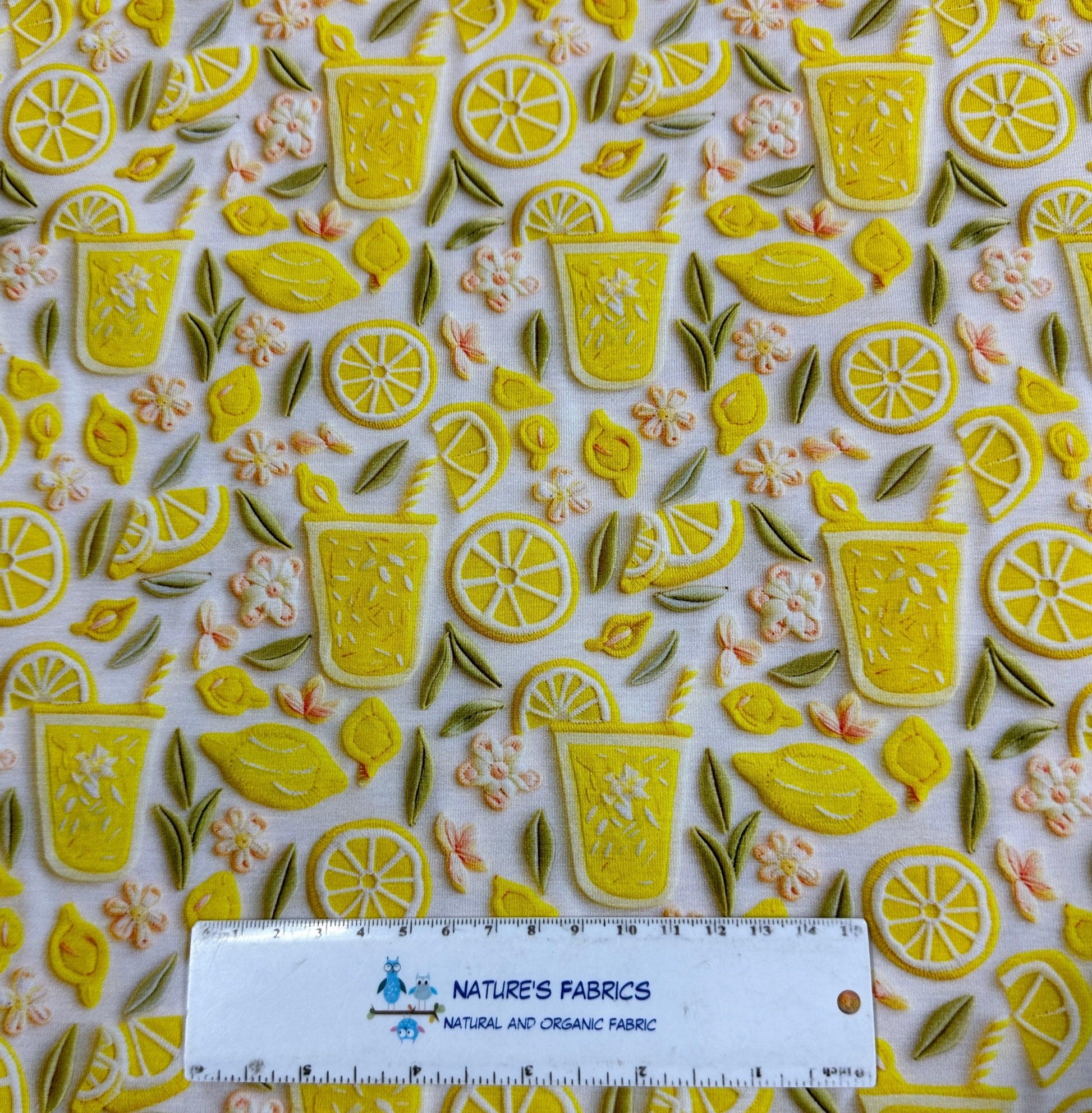 Lemonade Embroidery on Bamboo/Spandex Jersey Fabric - Nature's Fabrics