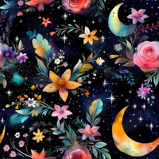 Nature's Fabrics floral fabric pattern with moons, stars, and colorful blossoms on dark navy background