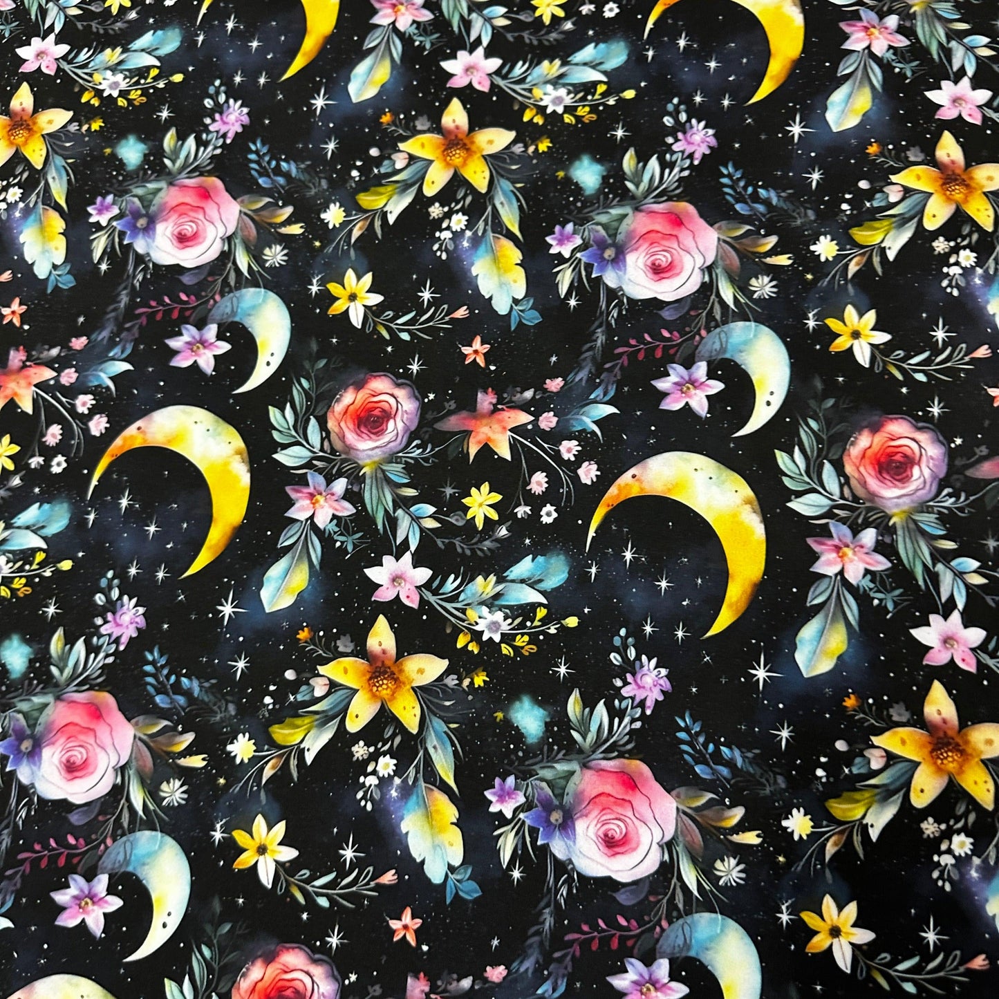 Magic Moon Garden on Polyester/Spandex Tricot Fabric - Nature's Fabrics