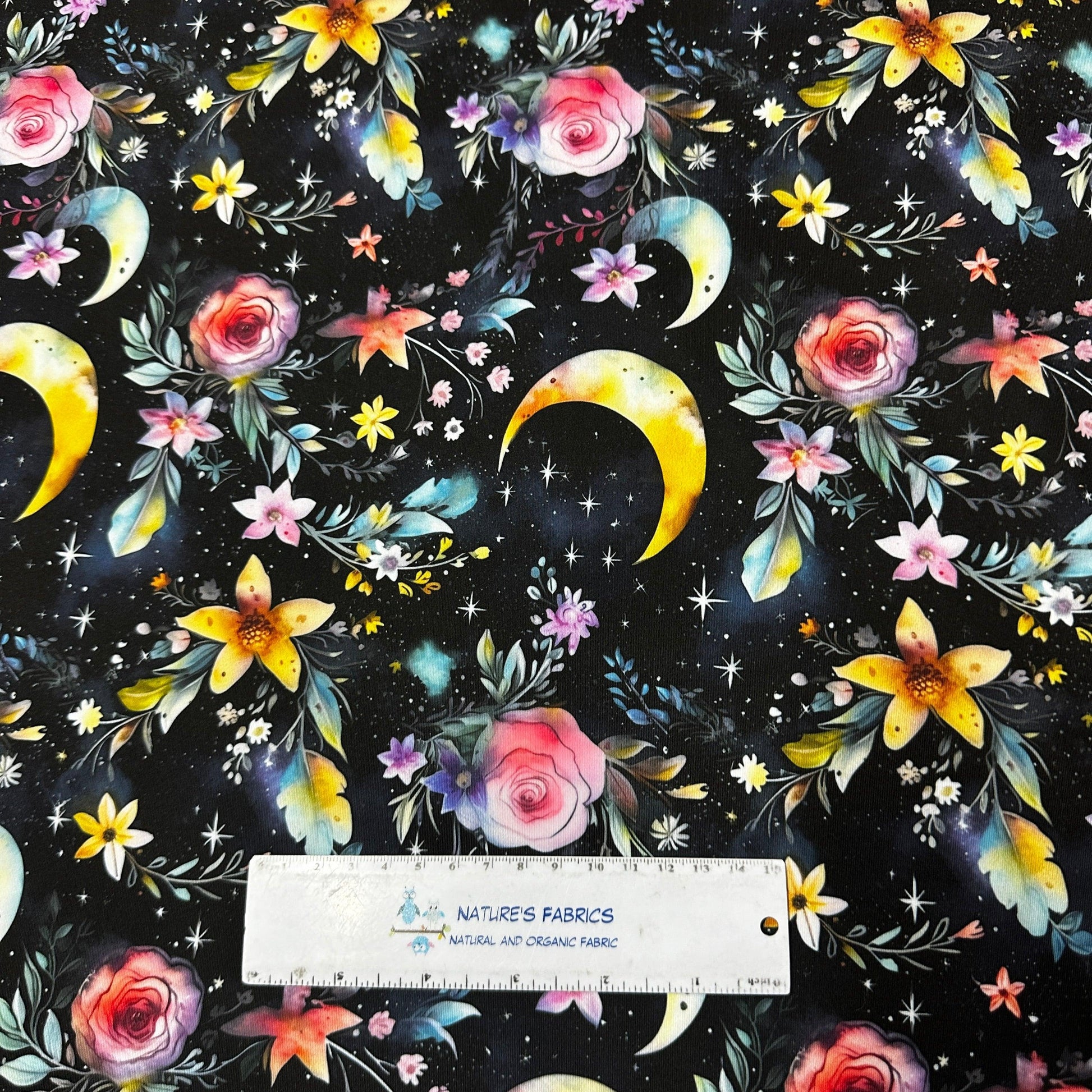 Magic Moon Garden on Polyester/Spandex Tricot Fabric - Nature's Fabrics