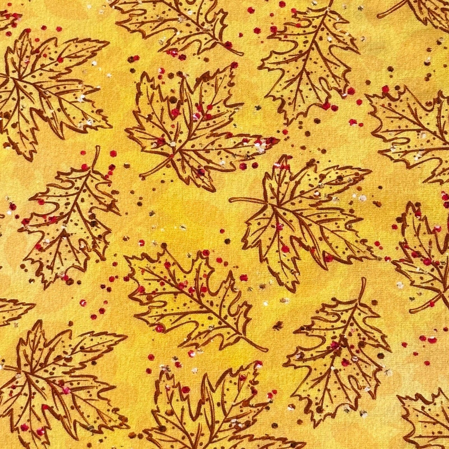 Maple and Oak Leaves on Gold Organic Cotton/Spandex Jersey Fabric - Nature's Fabrics