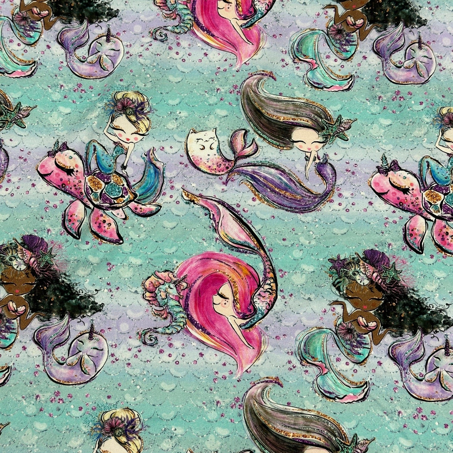 Mermaids on Mint Bamboo/Spandex Jersey Fabric - Nature's Fabrics