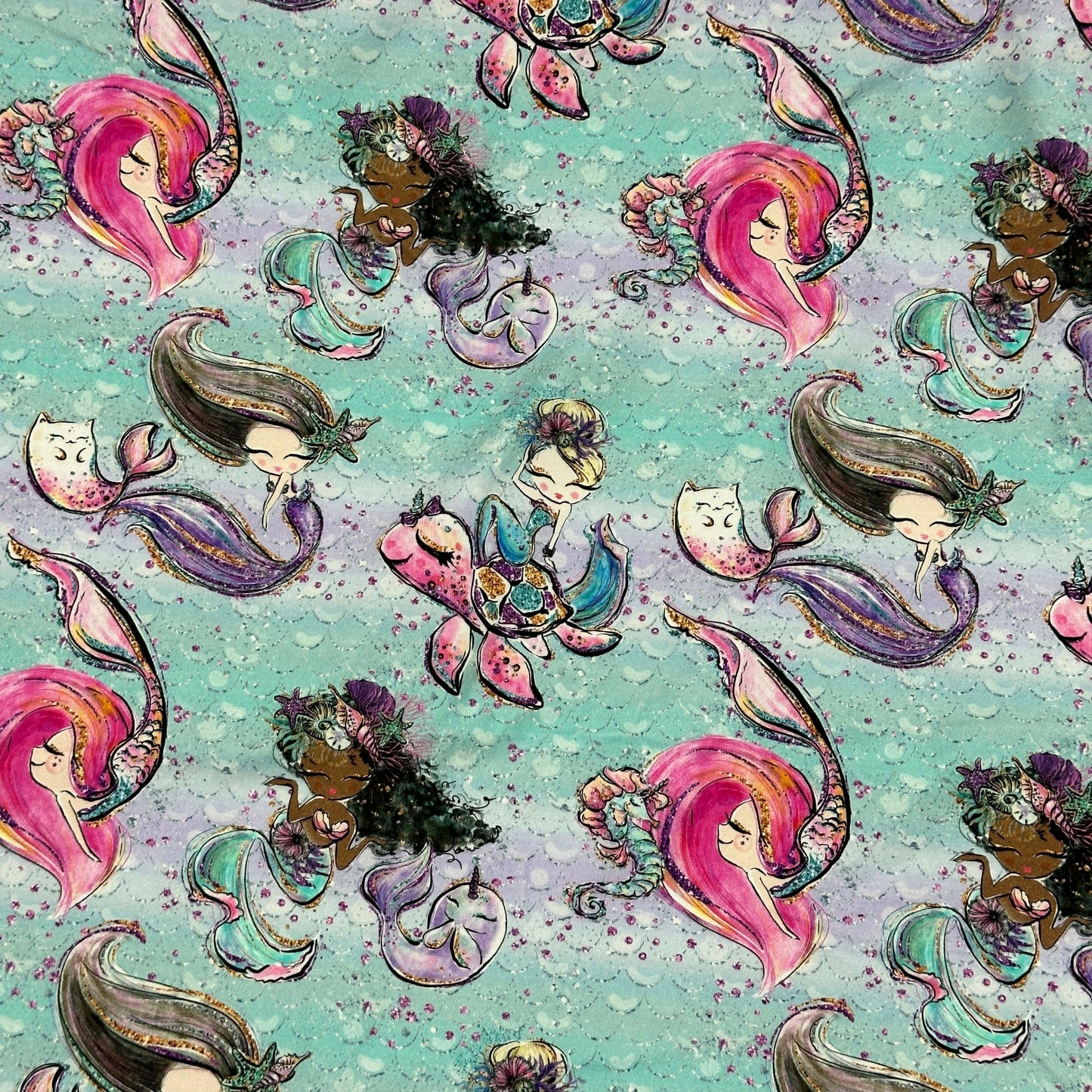 Mermaids on Mint Bamboo/Spandex Jersey Fabric - Nature's Fabrics