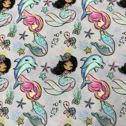 Mermaids on Purple Bamboo/Spandex Jersey Fabric - Nature's Fabrics