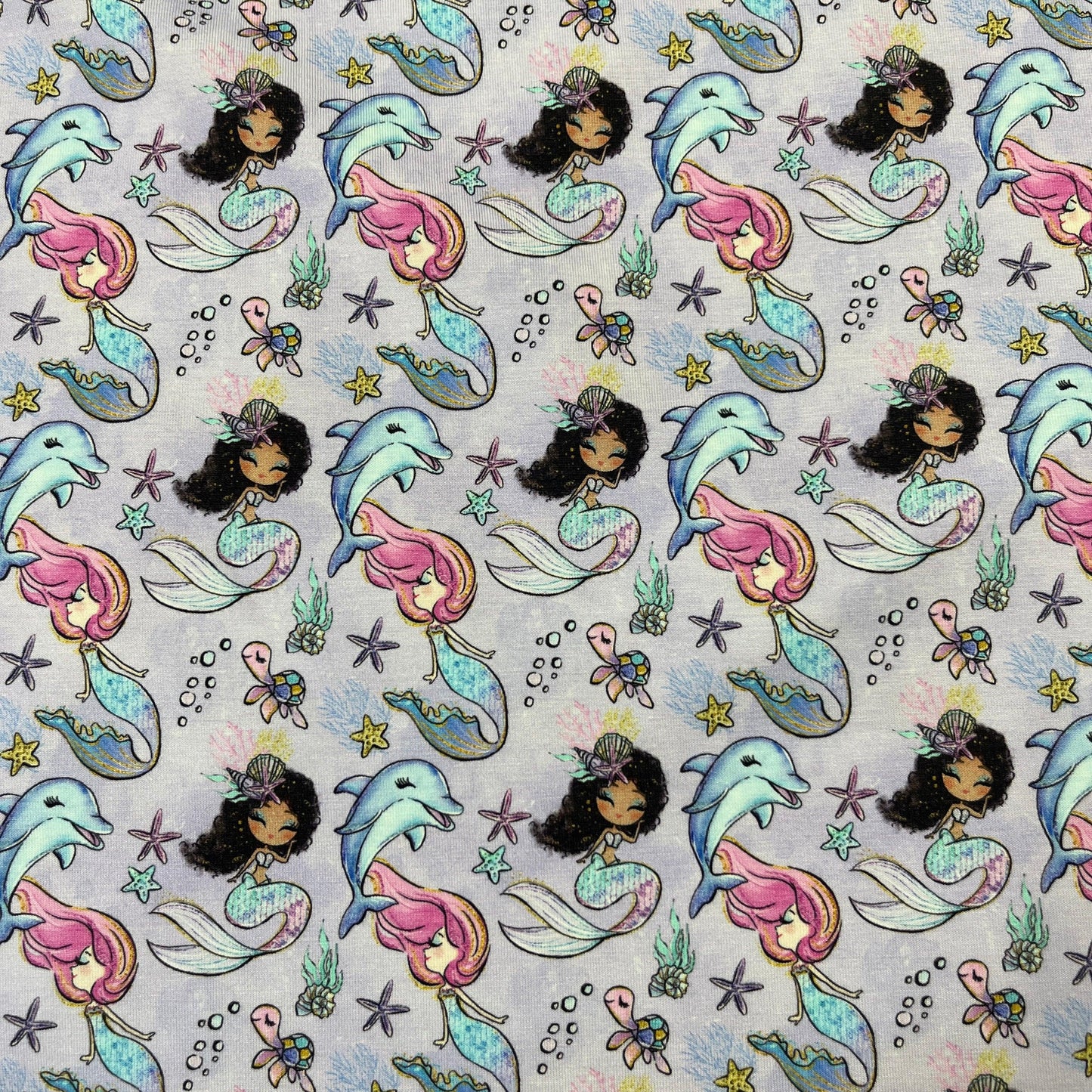 Mermaids on Purple Bamboo/Spandex Jersey Fabric - Nature's Fabrics