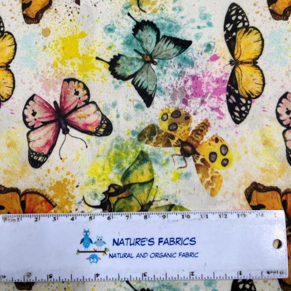 Mottled Butterflies on Yellow Bamboo Stretch French Terry Fabric - Nature's Fabrics