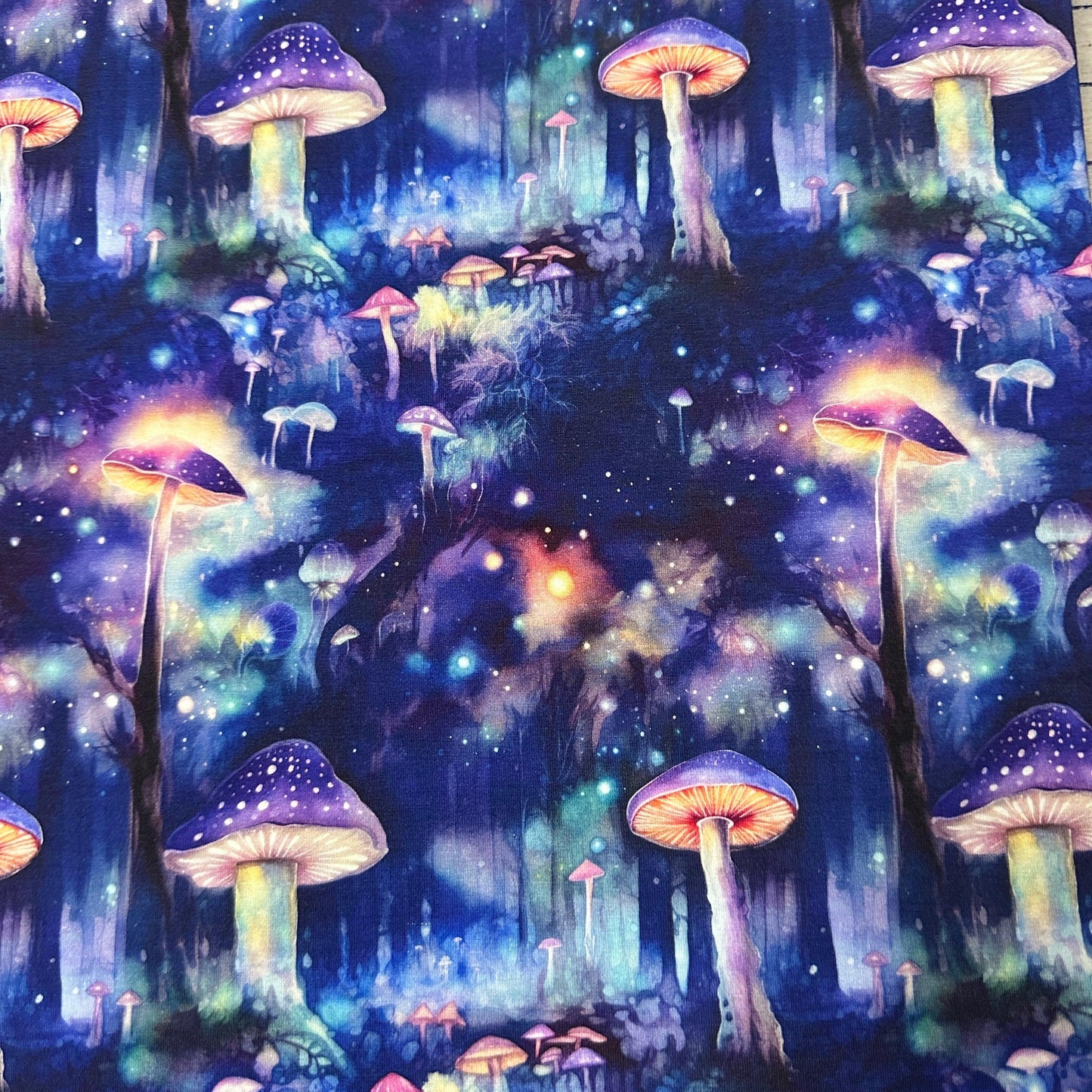 Mushroom Forest at Night on Bamboo/Spandex Jersey Fabric - Nature's Fabrics