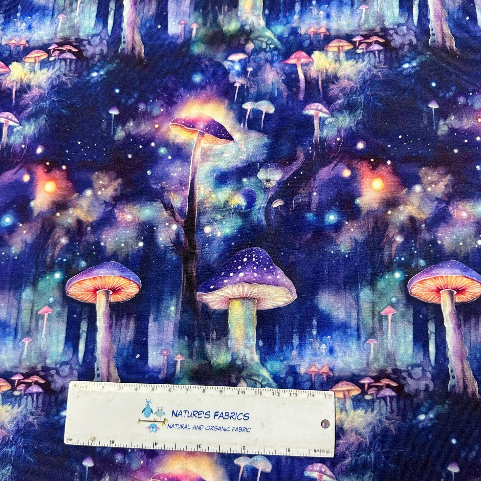 Mushroom Forest at Night on Bamboo/Spandex Jersey Fabric - Nature's Fabrics