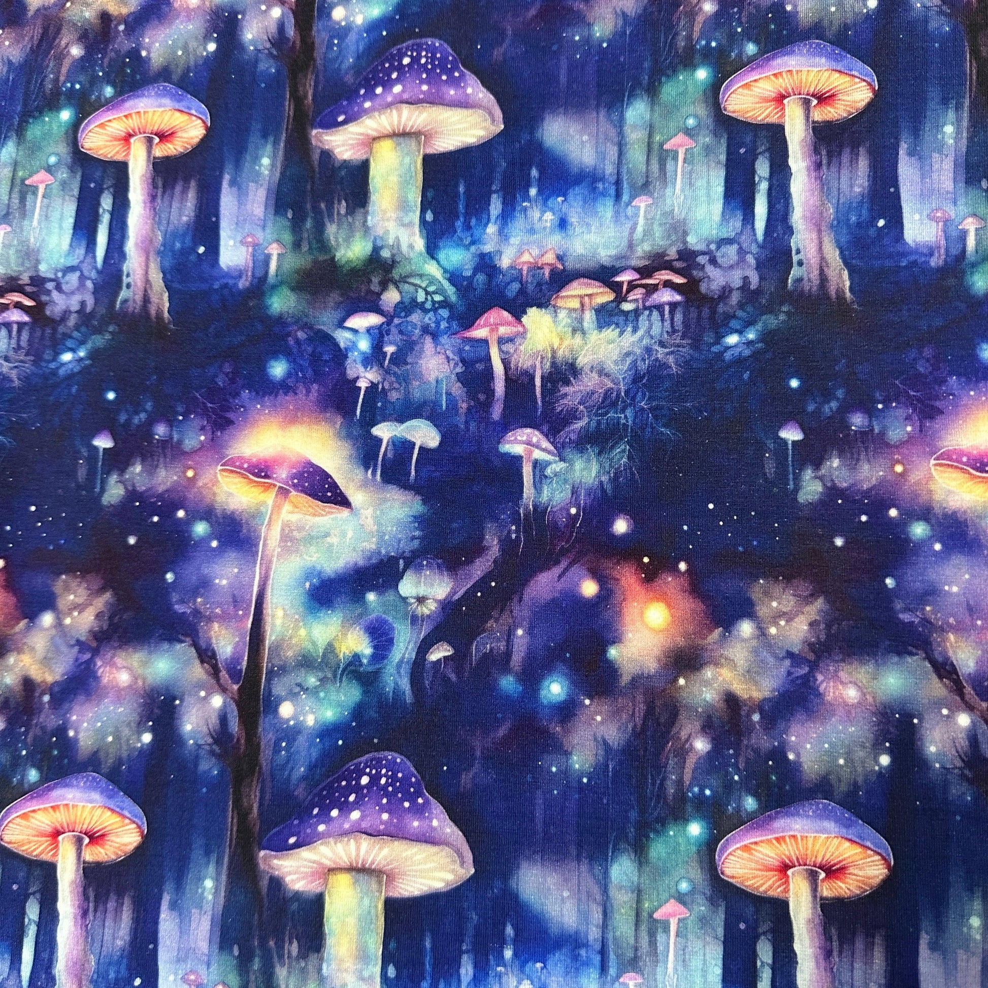 Mushroom Forest at Night on Bamboo/Spandex Jersey Fabric - Nature's Fabrics
