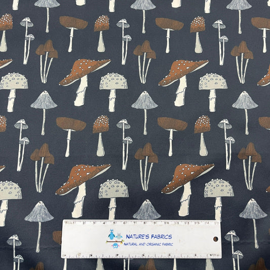 Mushrooms on Navy 1 mil PUL Fabric - Made in the USA - Nature's Fabrics