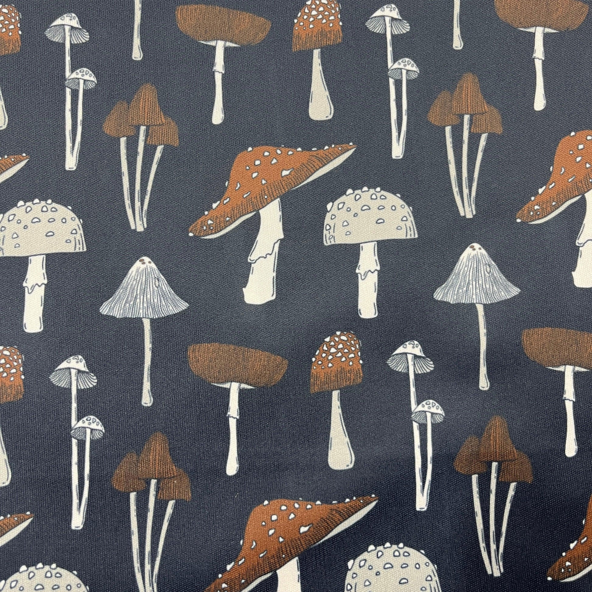 Mushrooms on Navy 1 mil PUL Fabric - Made in the USA - Nature's Fabrics