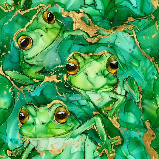 Green Tree Frogs Alcohol Ink on Organic Cotton/Spandex Jersey Fabric