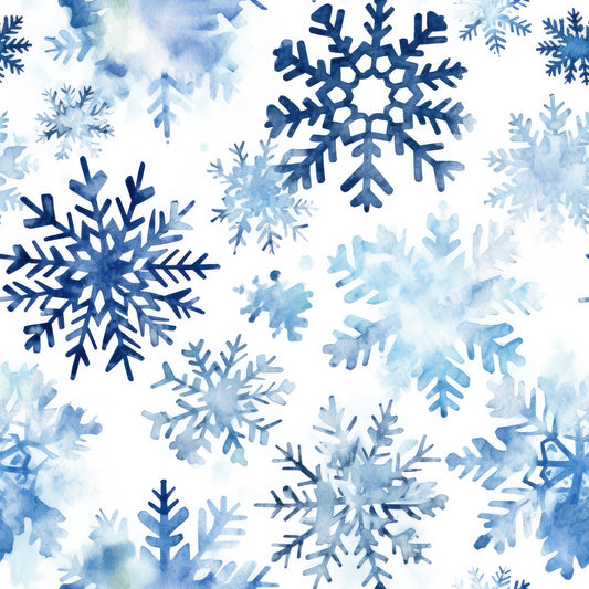 Blue Snowflakes on White Bamboo/Spandex Jersey Fabric