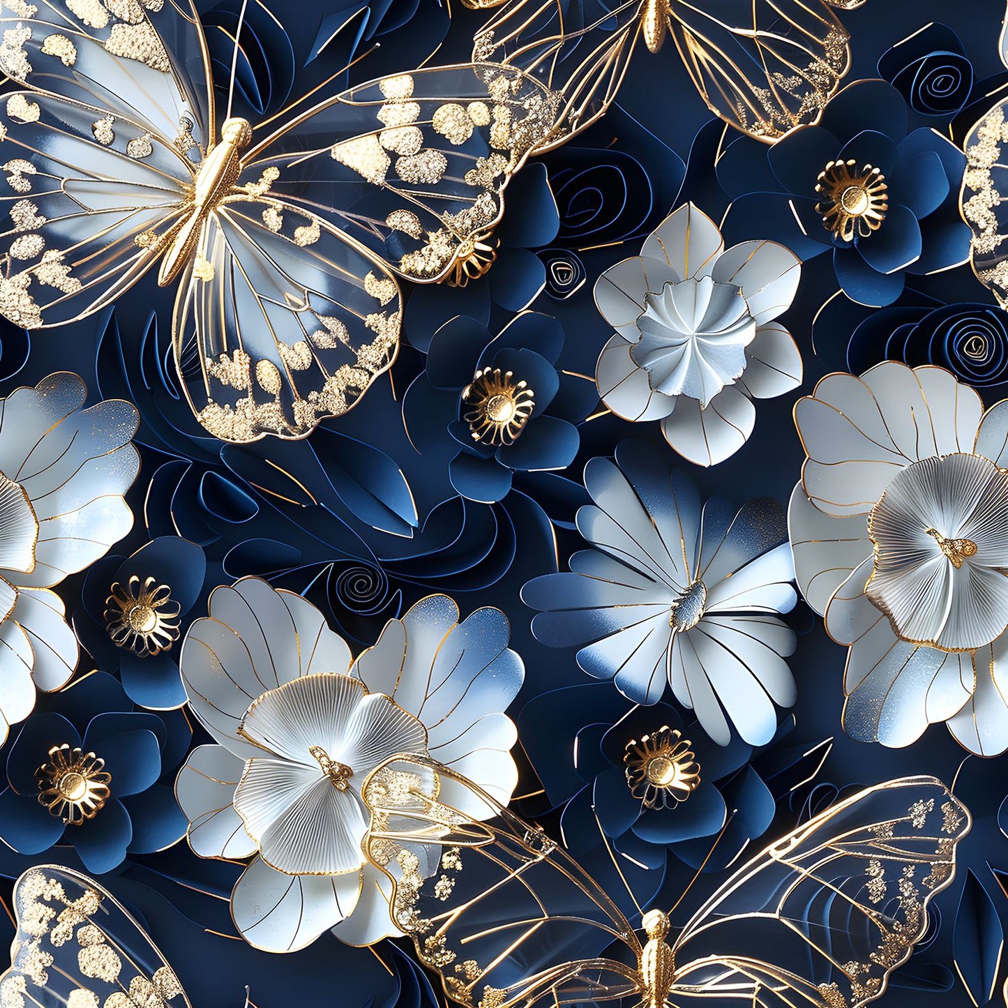 Gold Butterflies on Navy Bamboo Stretch French Terry Fabric