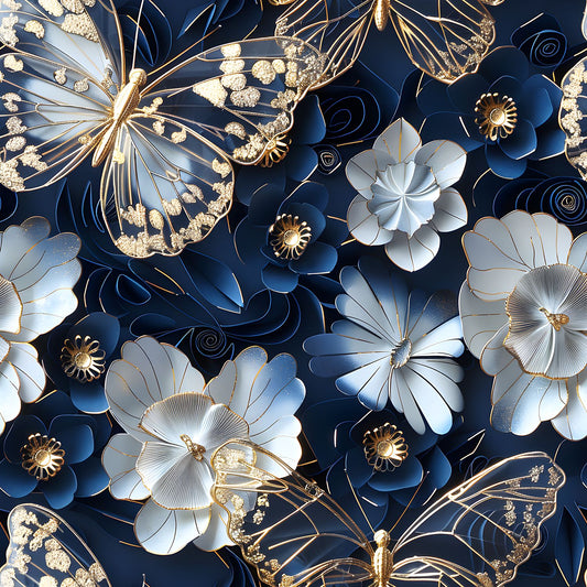 Gold Butterflies on Navy Bamboo Stretch French Terry Fabric