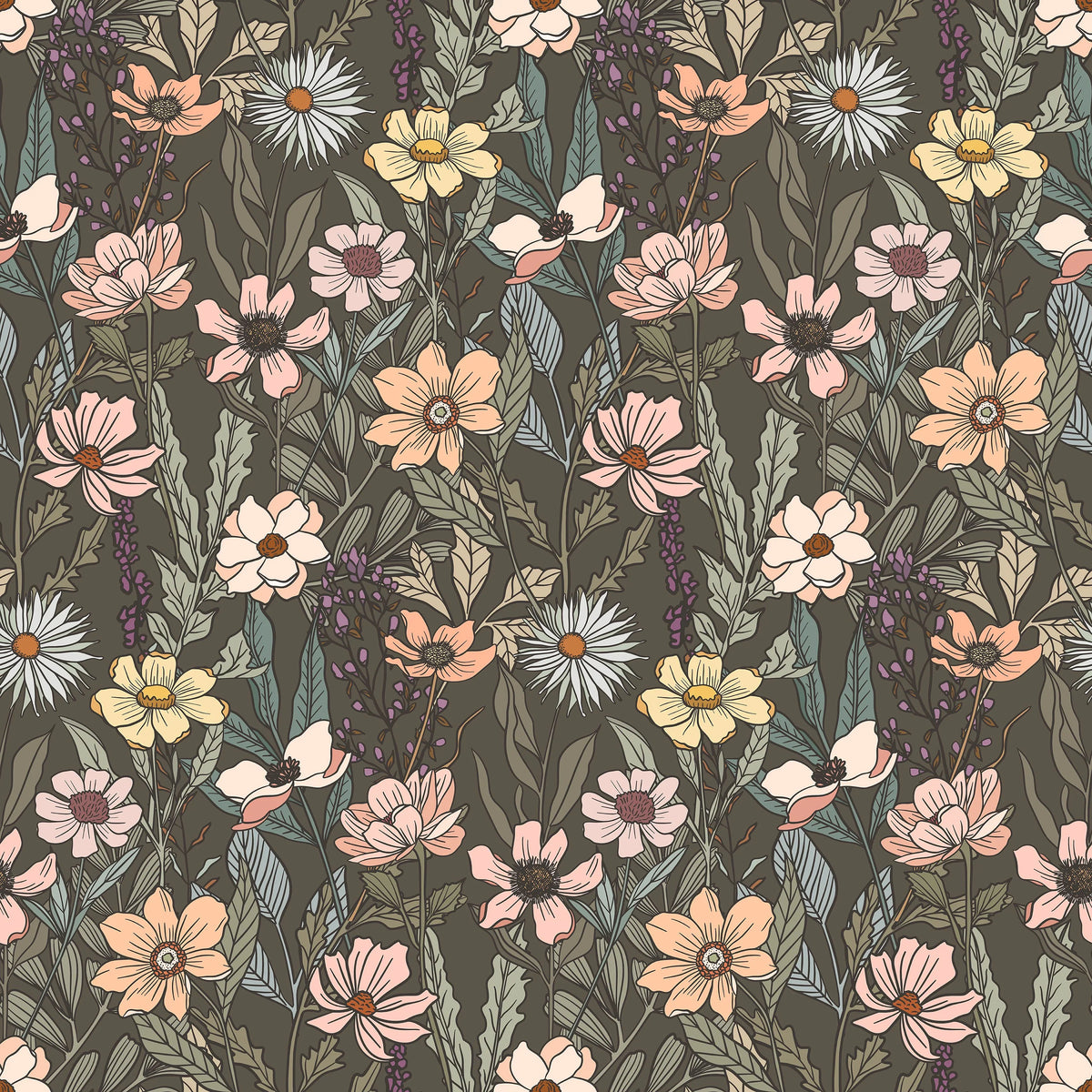 Nature's Fabrics floral print fabric with wildflowers, daisies, and greenery on dark background