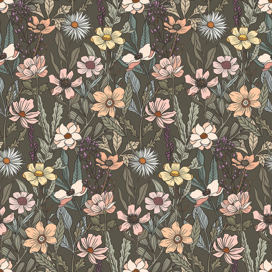 Nature's Fabrics floral print fabric with wildflowers, daisies, and greenery on dark background