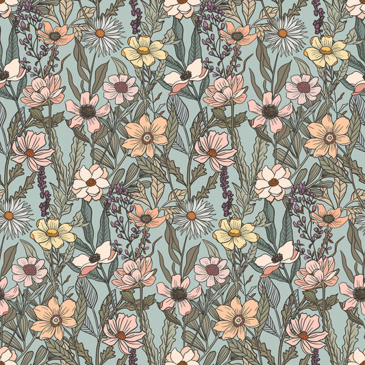 Nature's Fabrics floral print fabric with pink, peach & white wildflowers on sage green background