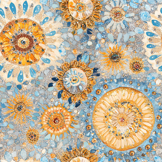 Orange Mandalas on Blue Bamboo Stretch French Terry Fabric