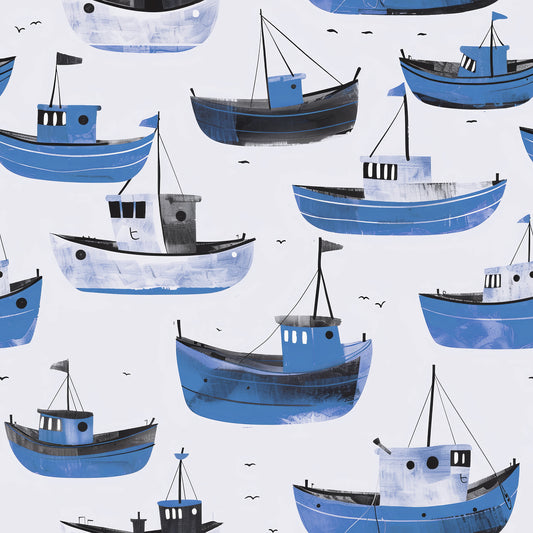 Blue Boats on Bamboo/Spandex Jersey Fabric