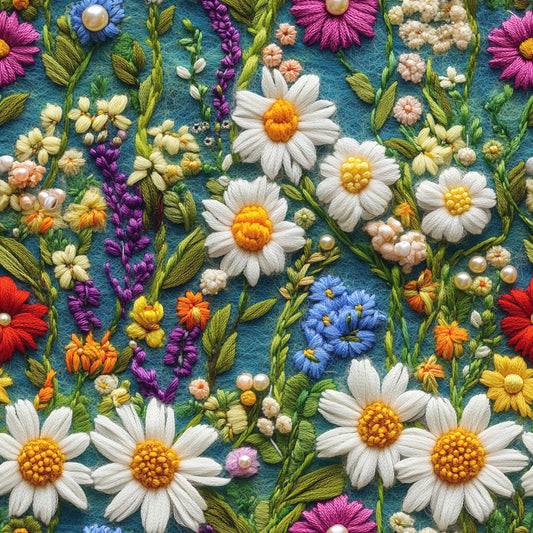 Embroidered Daisy Garden on Bamboo Stretch French Terry Fabric