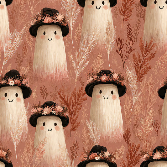 Ghosts with Hats on Bamboo/Spandex Jersey Fabric
