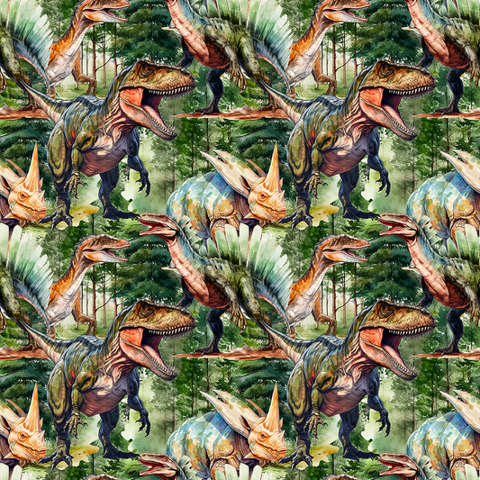 Real Dino on Bamboo Stretch French Terry Fabric