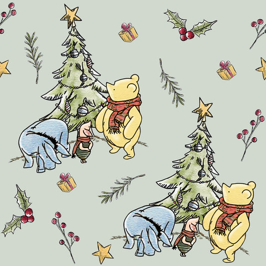 Winnie the Pooh Christmas on Green Bamboo/Spandex Jersey Fabric