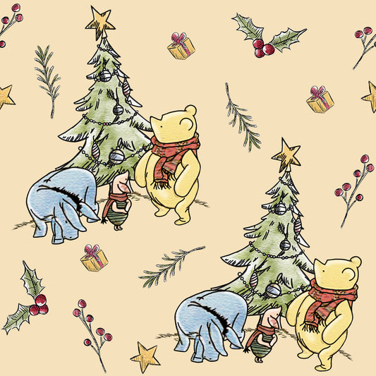 Winnie the Pooh Christmas on Tan Bamboo/Spandex Jersey Fabric