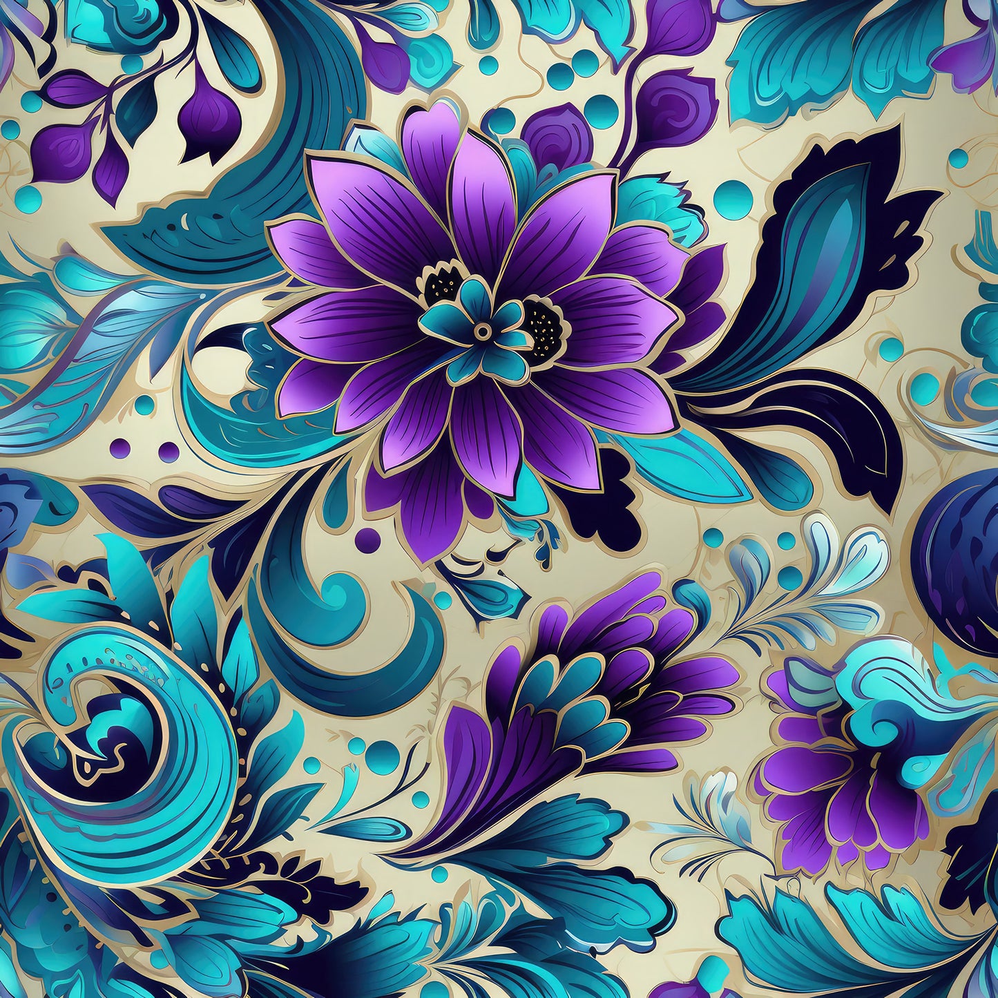 Purple and Aqua Floral on Cream Bamboo Stretch French Terry Fabric