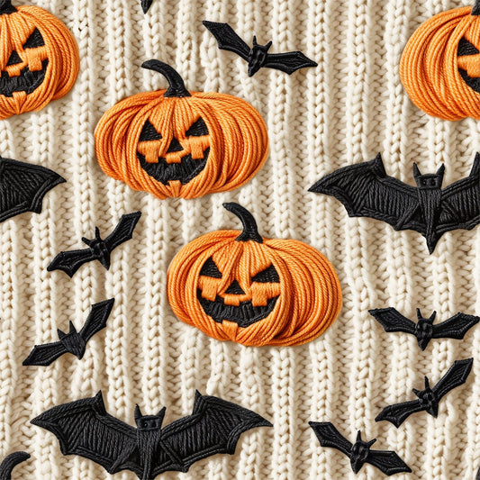 Embroidered Pumpkins and Bats on Organic Cotton/Spandex Jersey Fabric