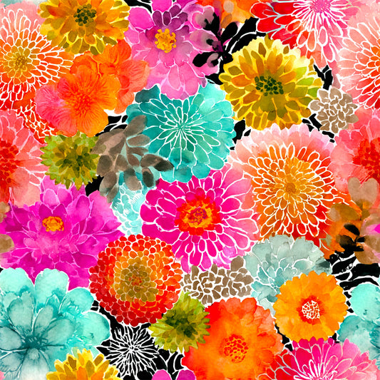 Vibrant Zinnias on Bamboo Stretch French Terry Fabric