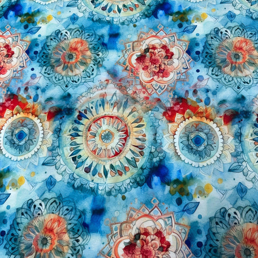 Orange and Blue Mandalas on Bamboo/Spandex Jersey Fabric - Nature's Fabrics