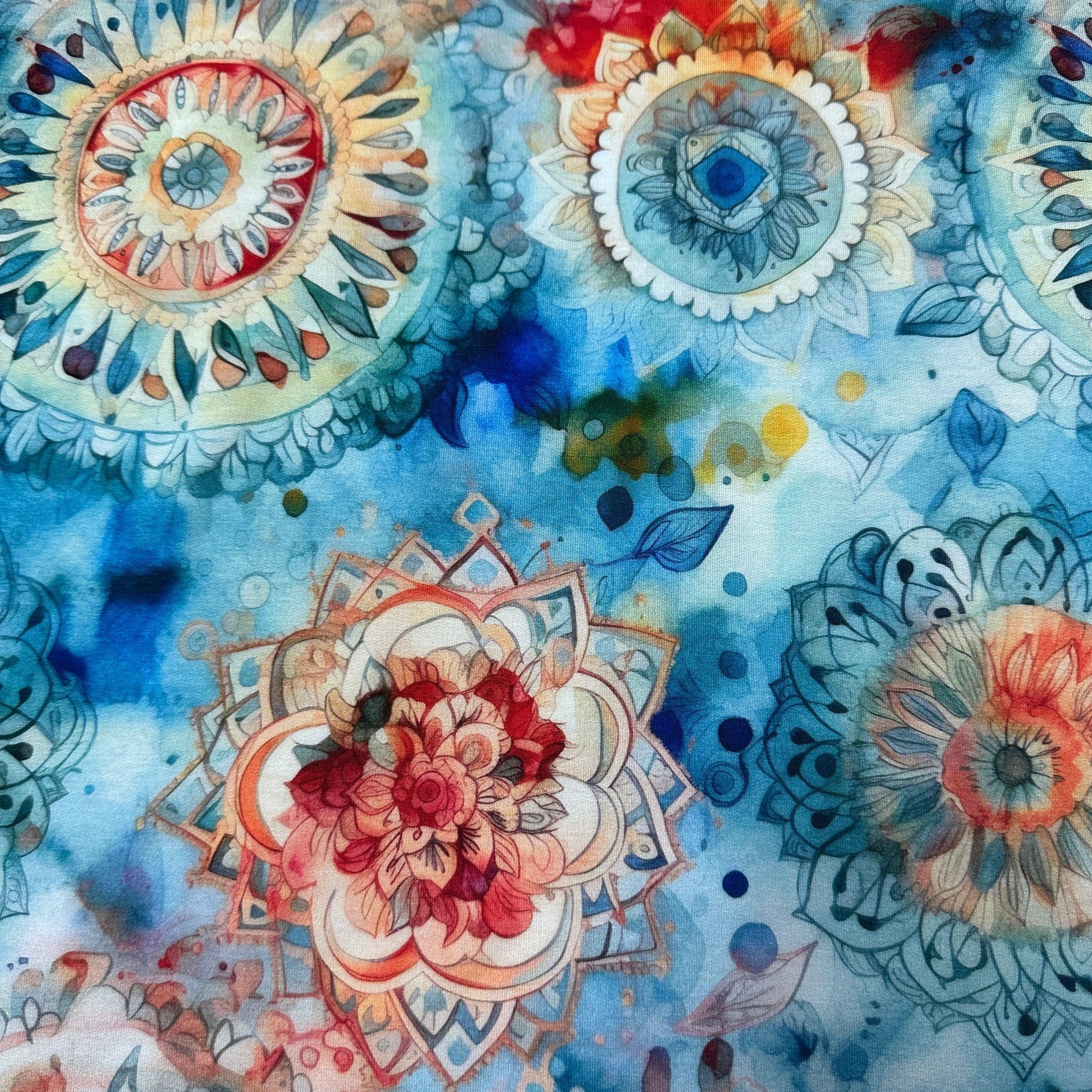 Orange and Blue Mandalas on Bamboo/Spandex Jersey Fabric - Nature's Fabrics