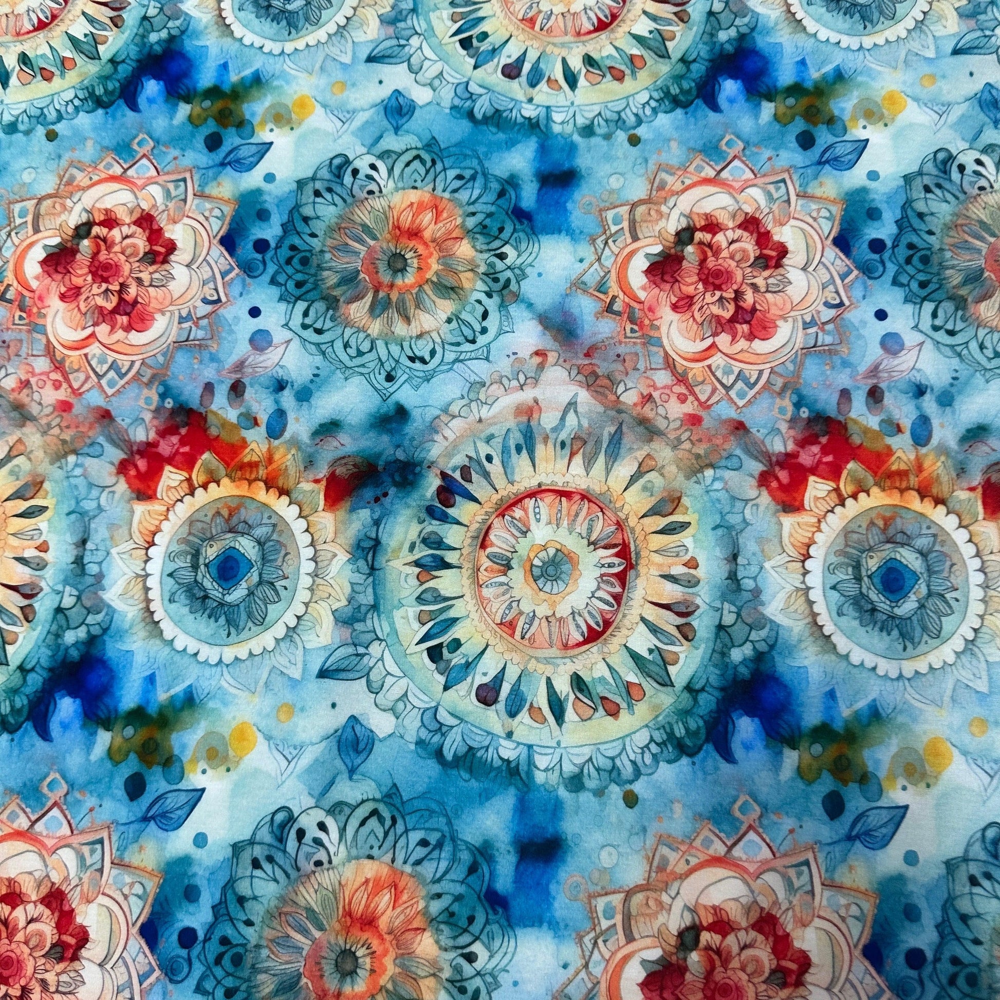 Orange and Blue Mandalas on Bamboo/Spandex Jersey Fabric - Nature's Fabrics