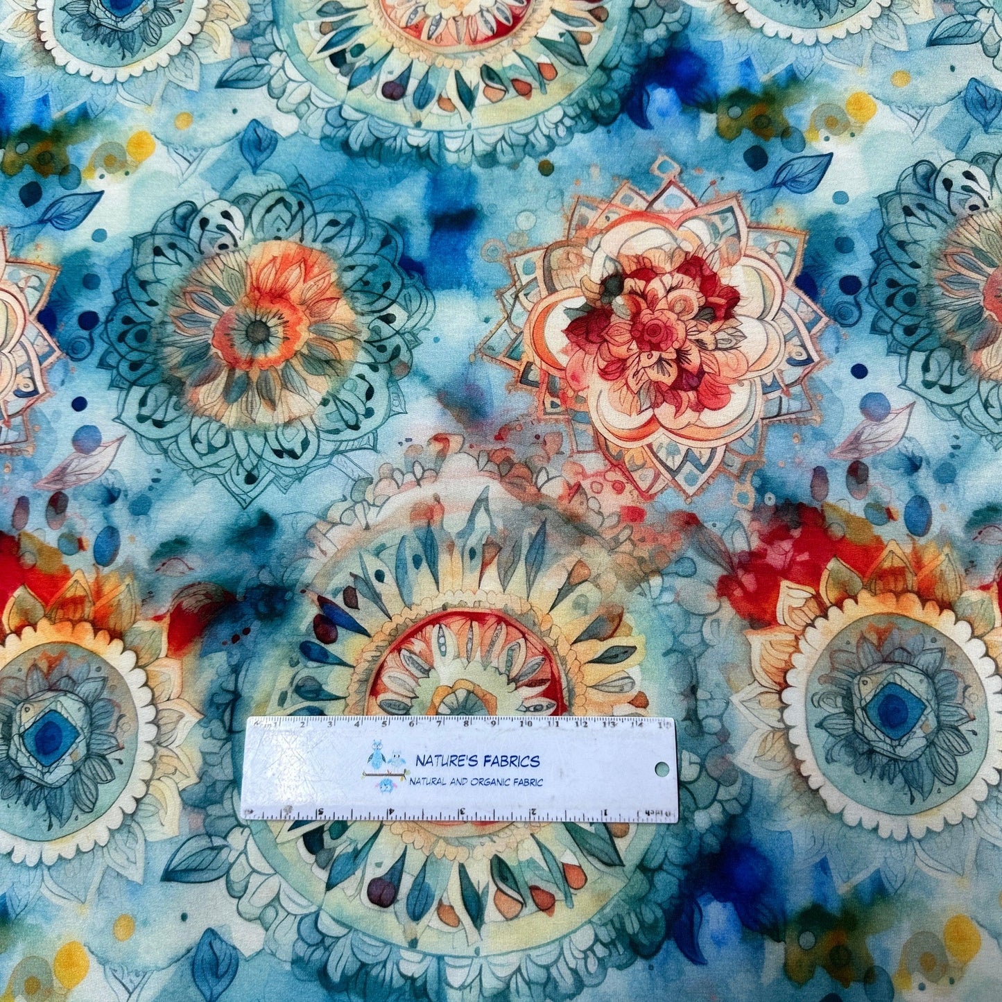 Orange and Blue Mandalas on Bamboo/Spandex Jersey Fabric - Nature's Fabrics