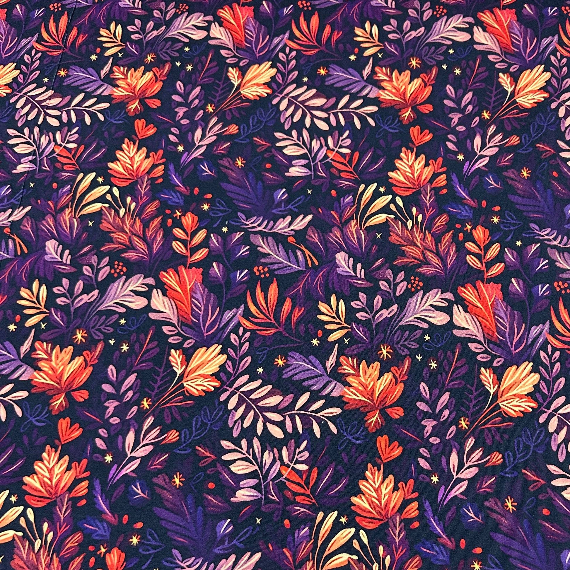 Orange and Purple Fall Vines on Bamboo/Spandex Jersey Fabric - Nature's Fabrics