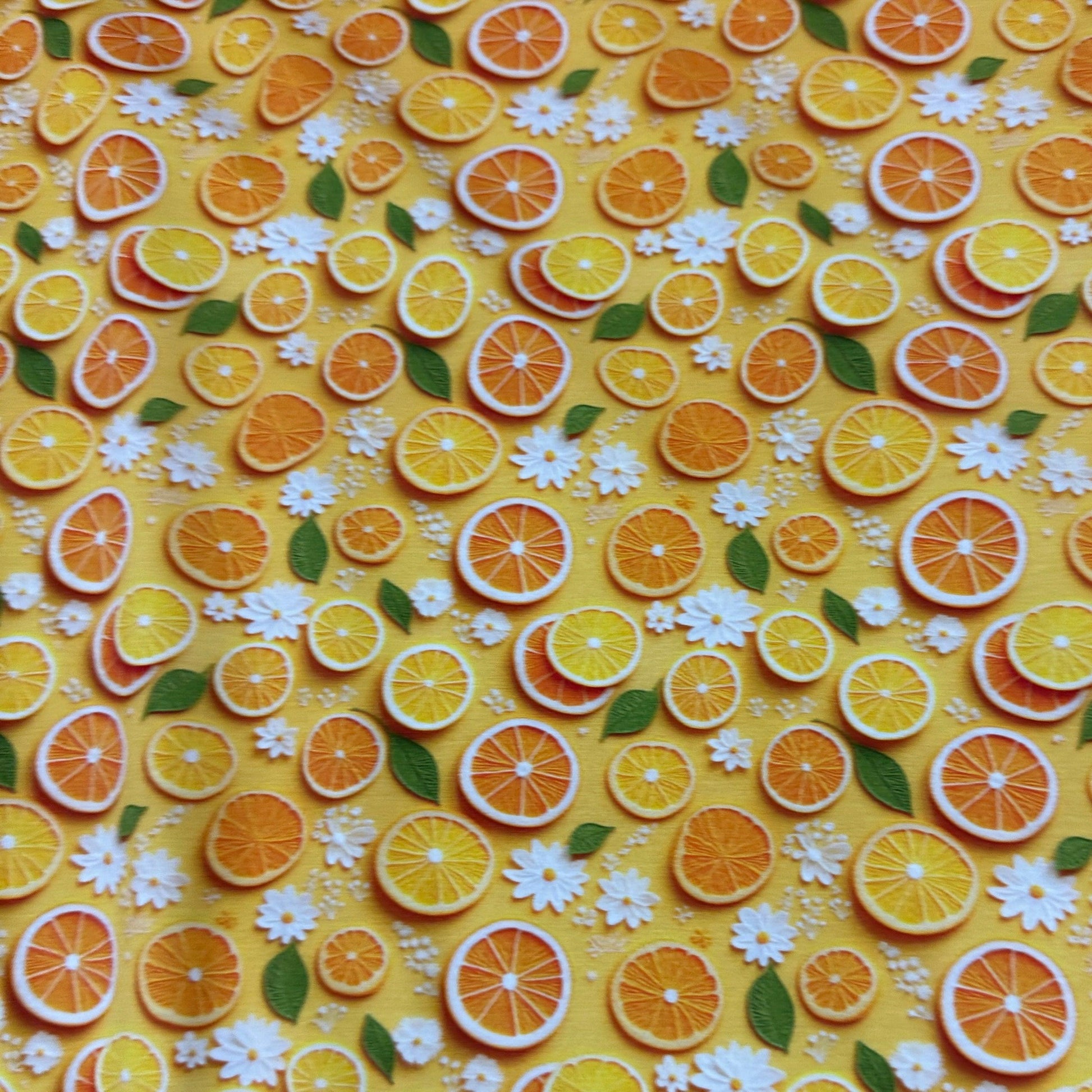 Orange Slices and Daisies on Bamboo/Spandex Jersey Fabric - Nature's Fabrics