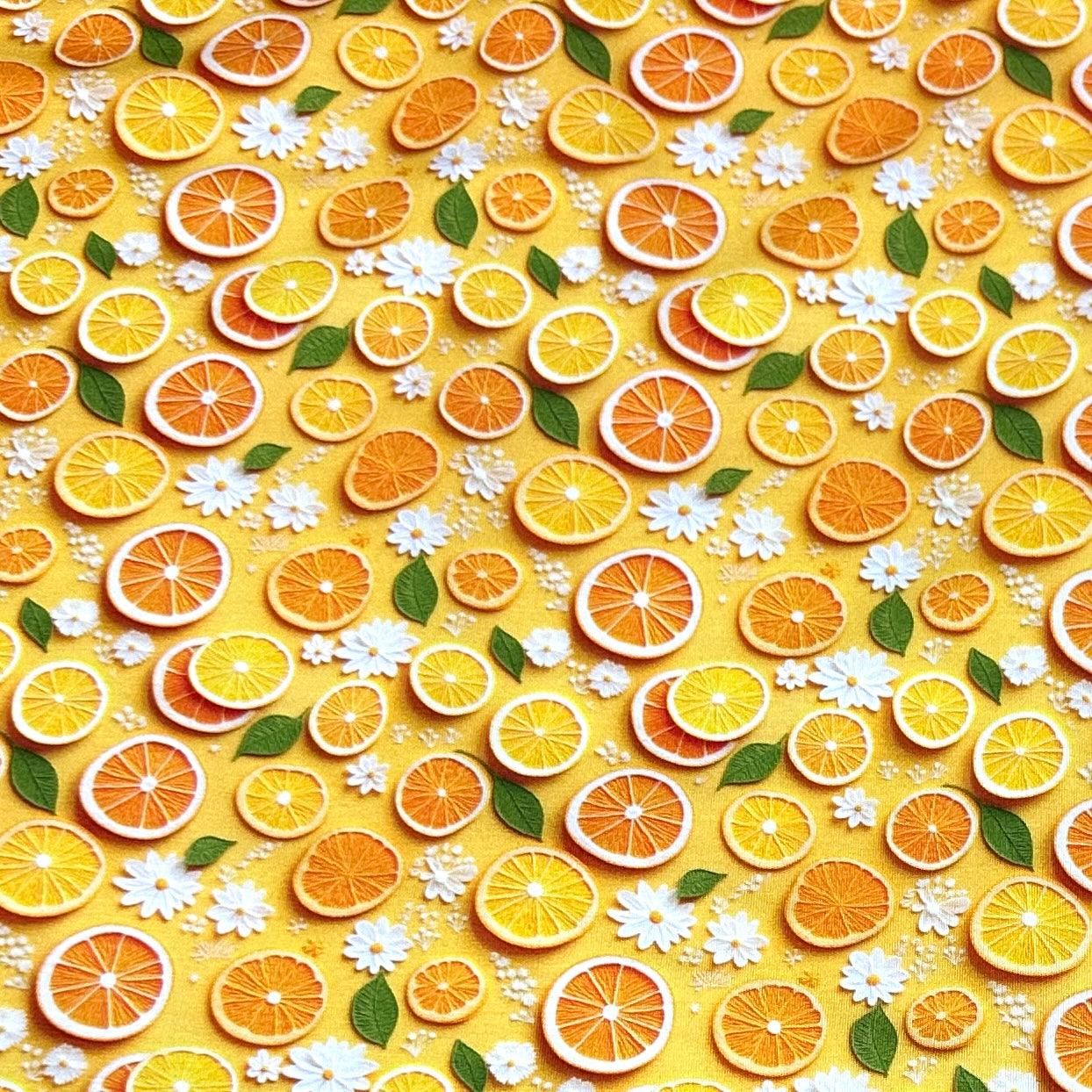 Orange Slices and Daisies on Bamboo/Spandex Jersey Fabric - Nature's Fabrics