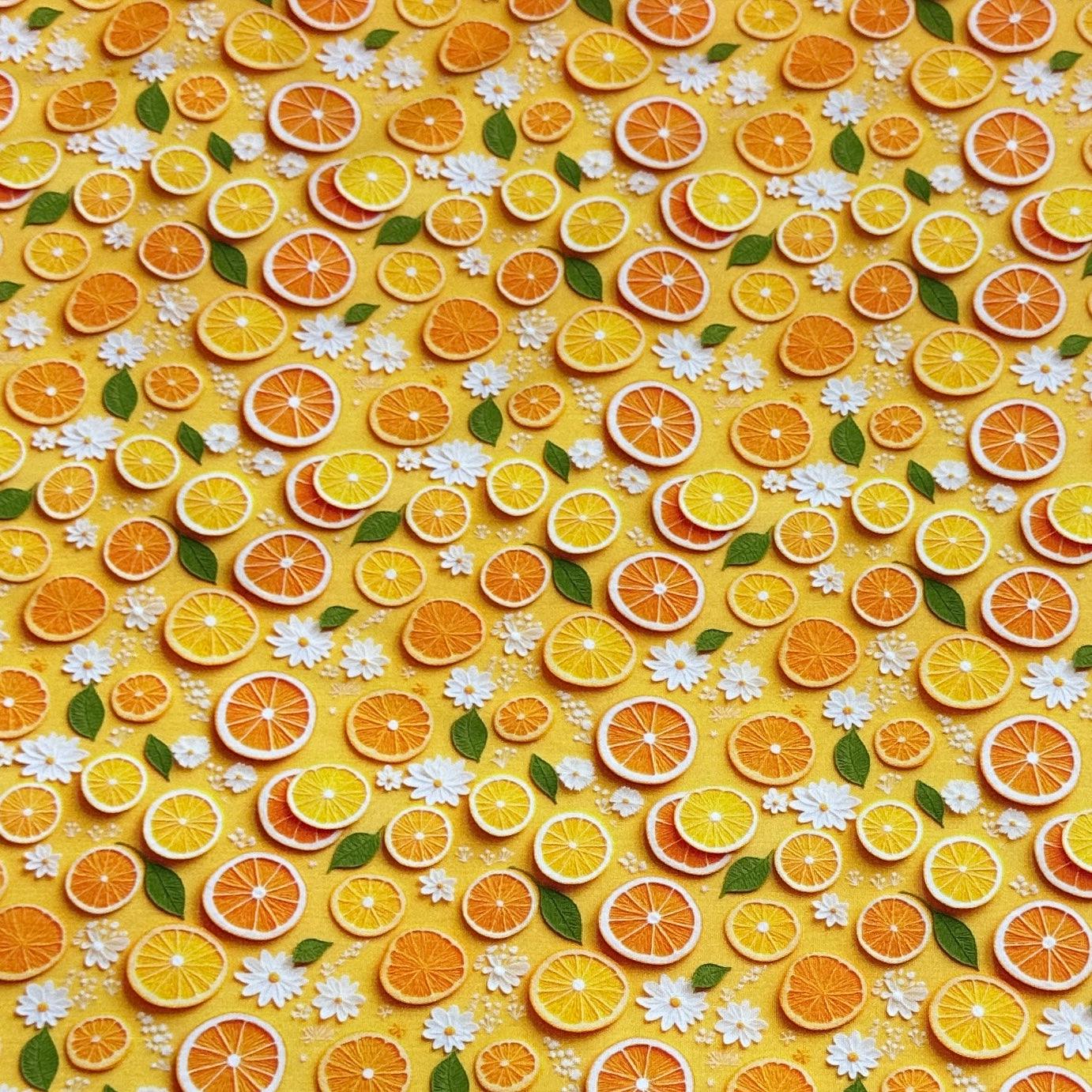 Orange Slices and Daisies on Bamboo/Spandex Jersey Fabric - Nature's Fabrics