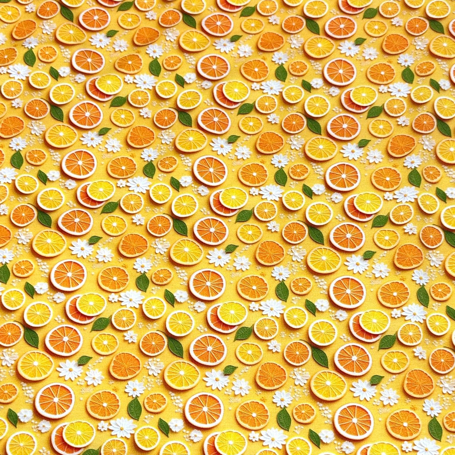 Orange Slices and Daisies on Bamboo/Spandex Jersey Fabric - Nature's Fabrics