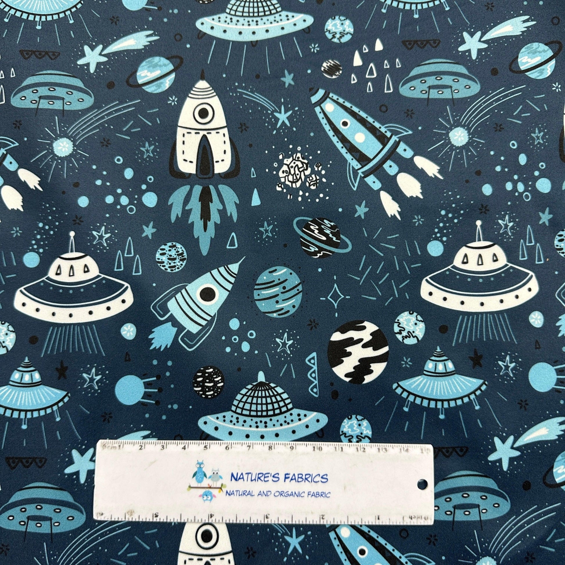 Out of this World on Blue 1 mil PUL Fabric - Made in the USA - Nature's Fabrics