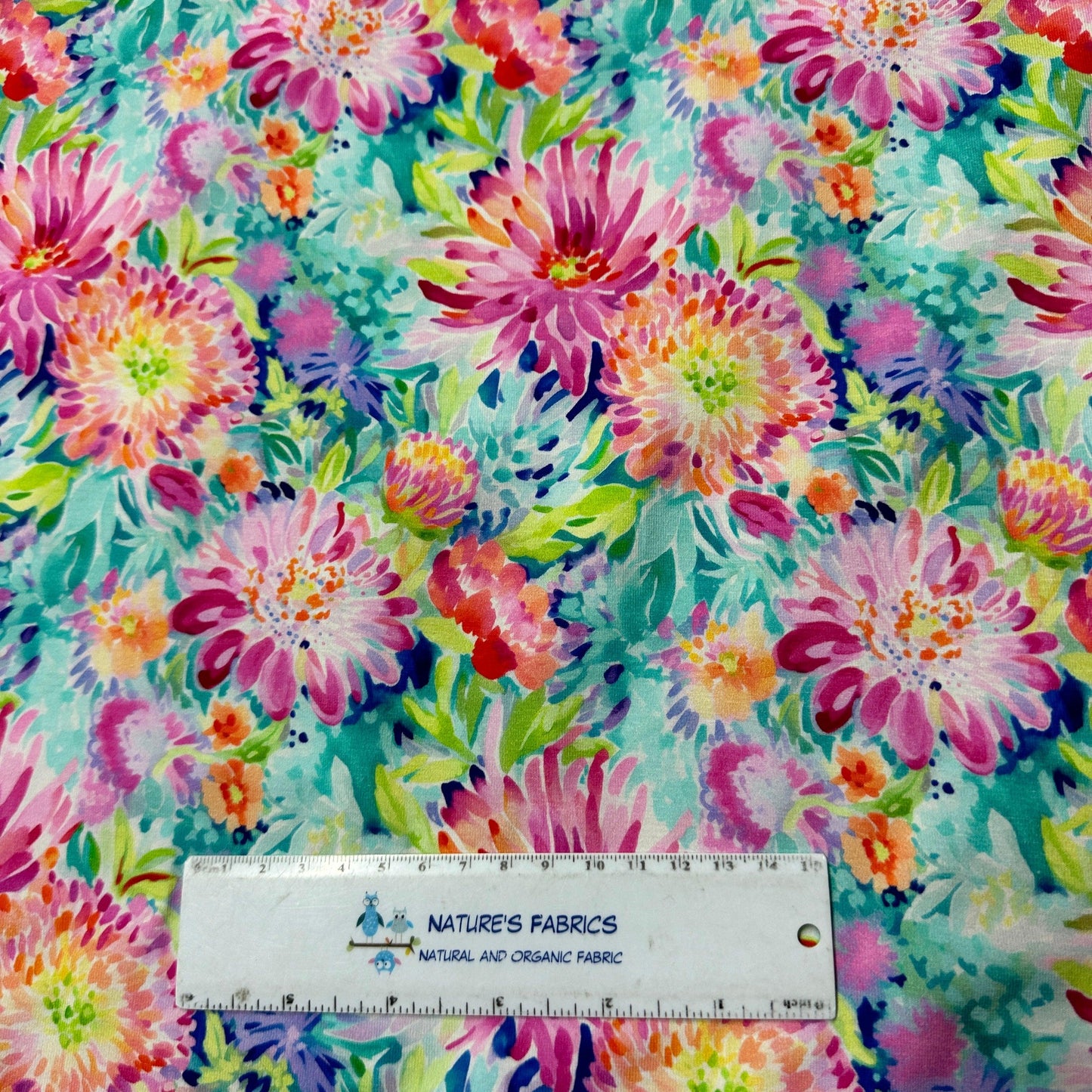 Painted Dahlias on Bamboo/Spandex Jersey Fabric - Nature's Fabrics