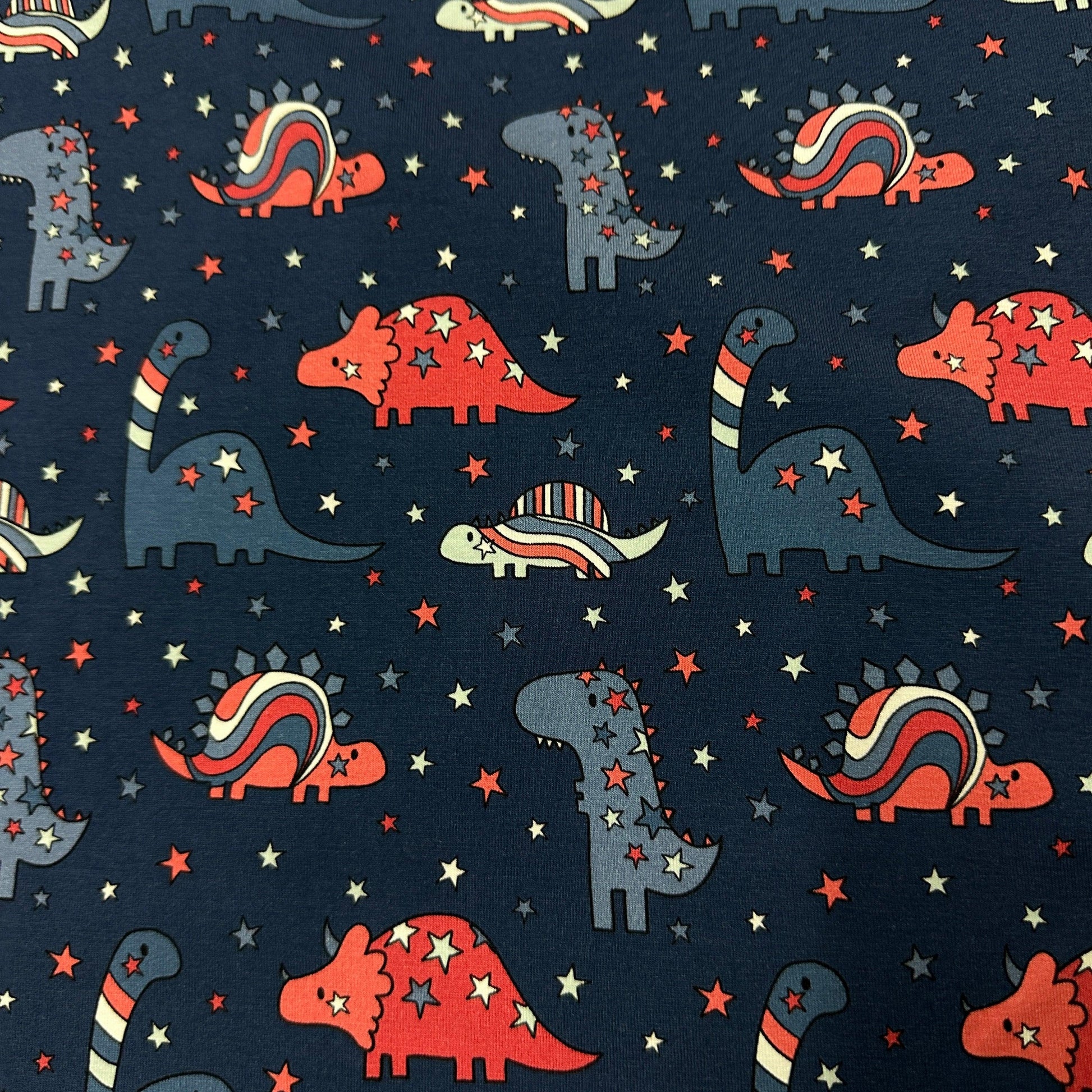 Patriotic Dinos on Bamboo/Spandex Jersey Fabric - Nature's Fabrics