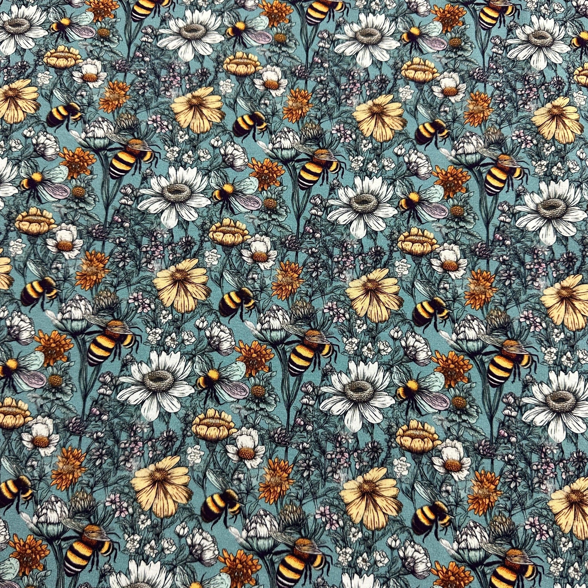 Pen and Ink Bee Garden on Bamboo Stretch French Terry Fabric - Nature's Fabrics